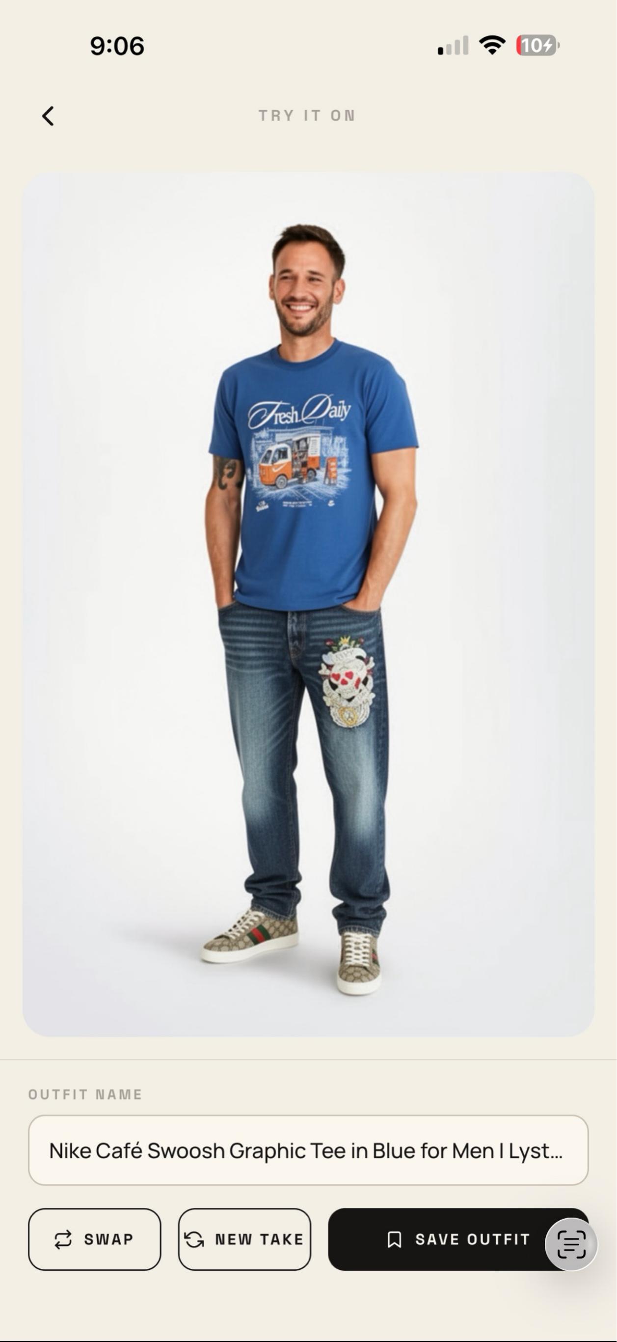 Try-On Me result — man in Nike Fresh Daily tee + Y2K jeans + Gucci Ace